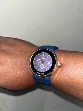 Gucci Blue Silicone Strap Rose Gold-Tone Case Watch